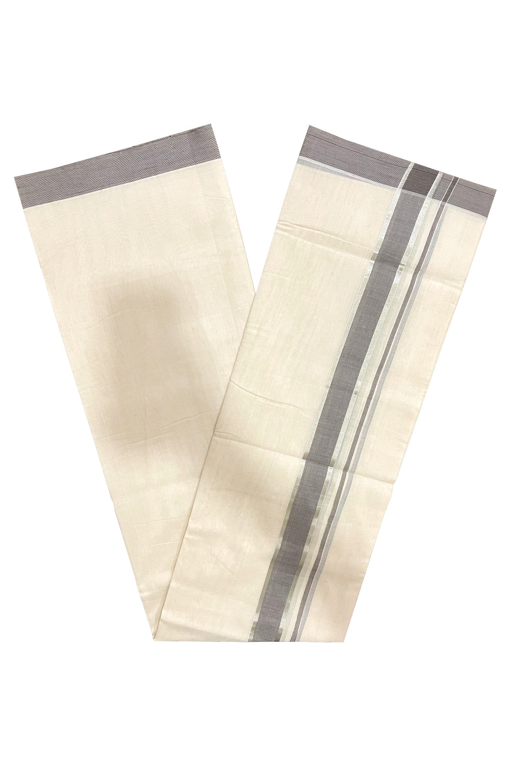 Southloom Premium Balaramapuram Unakkupaavu Handloom Mundu with Grey and Silver Kasavu Border (South Indian Dhoti)