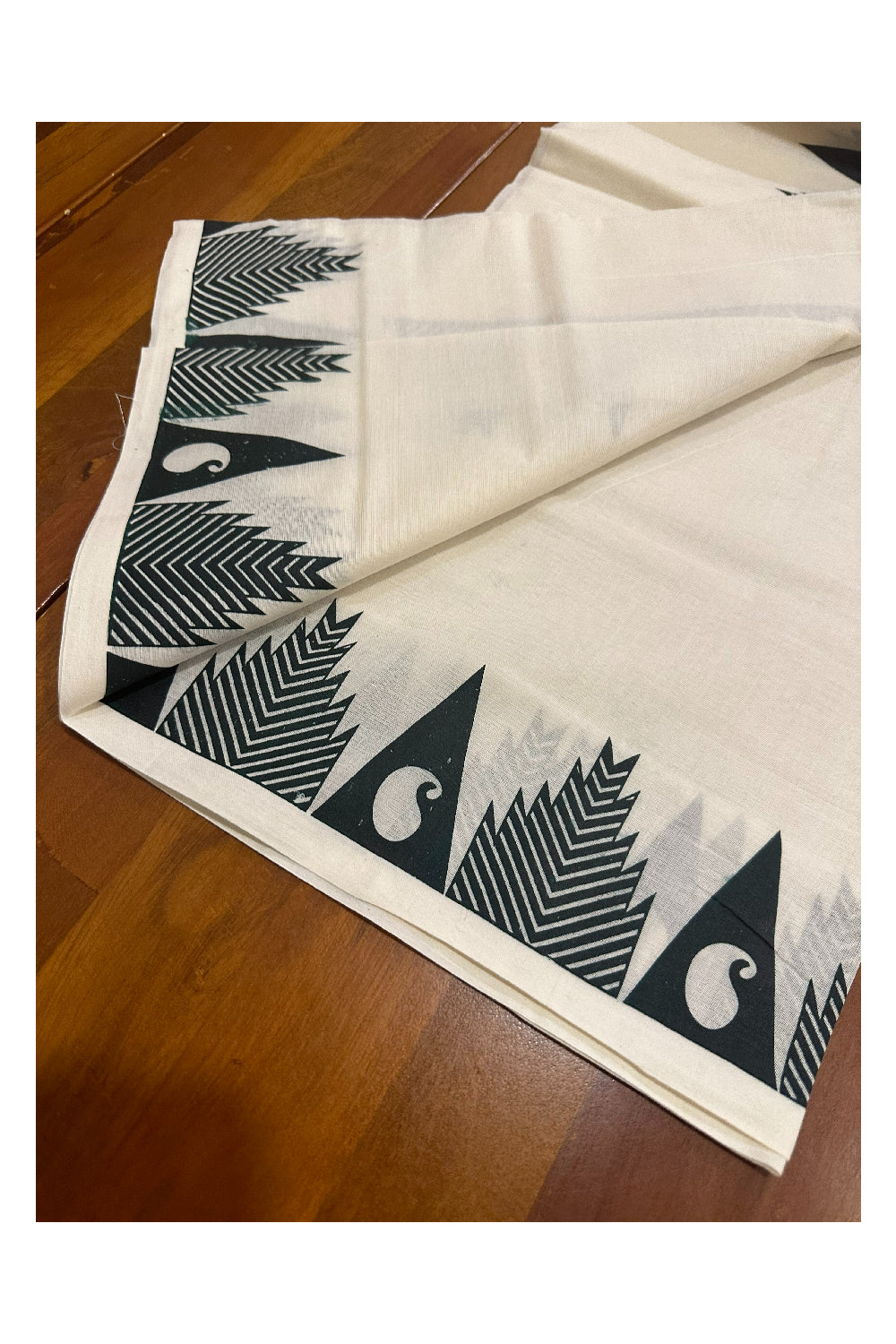 Kerala Cotton Set Mundu (Mundum Neriyathum) with Dark Green Block Printed Border