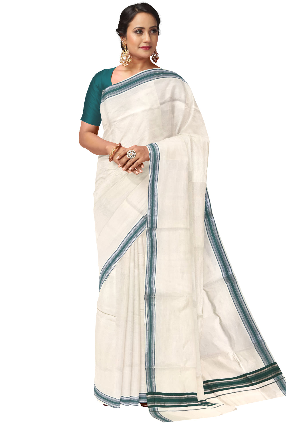 Pure Cotton Kerala Saree with Green and Silver Kasavu Border (Onam Saree 2023)