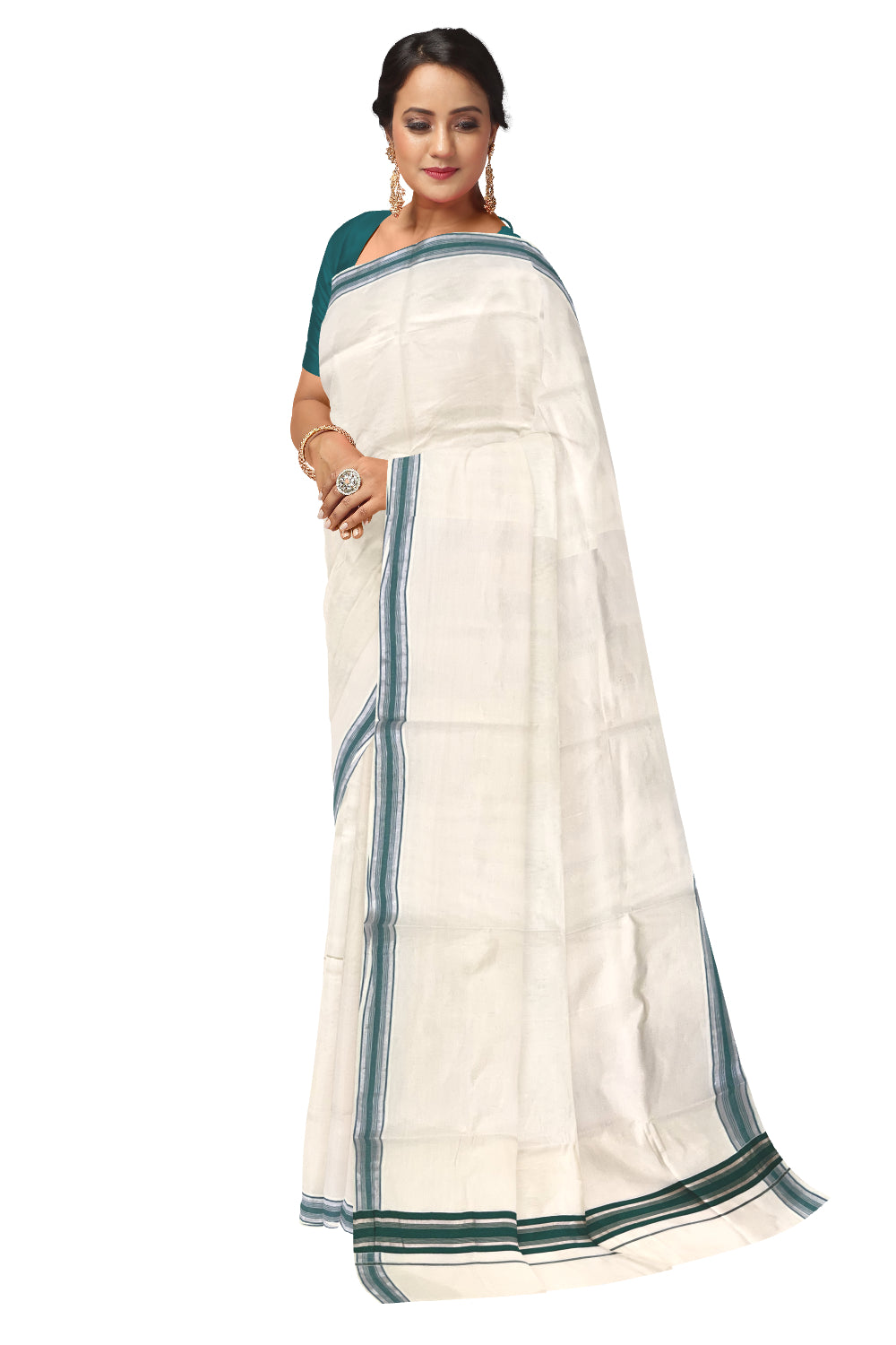 Pure Cotton Kerala Saree with Green and Silver Kasavu Border (Onam Saree 2023)