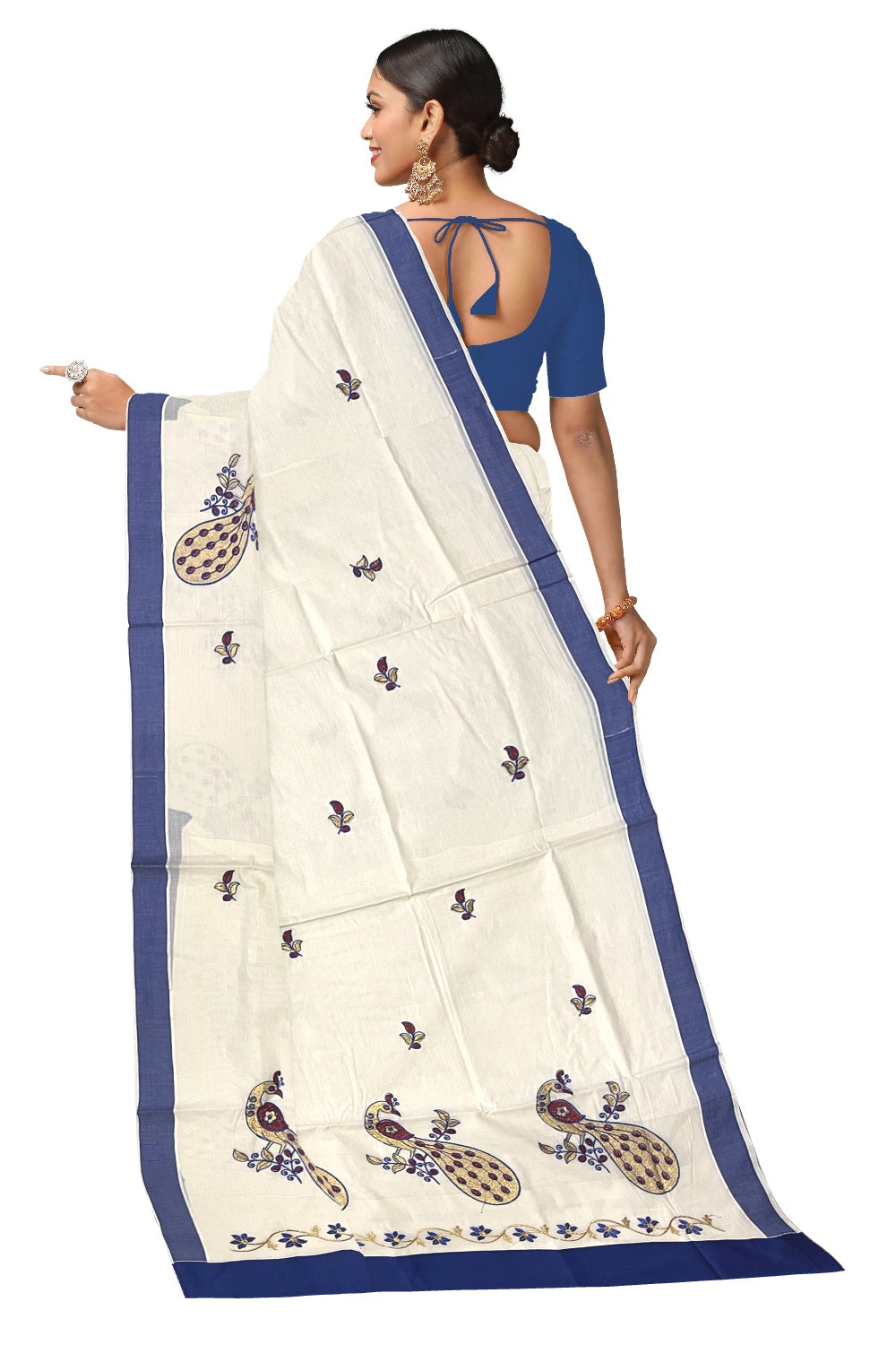 Pure Cotton Kerala Saree with Peacock Embroidery Work and Blue Border (Onam Saree 2023)