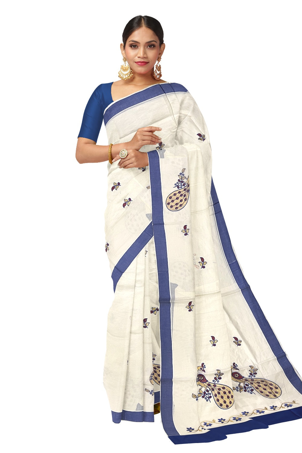 Pure Cotton Kerala Saree with Peacock Embroidery Work and Blue Border (Onam Saree 2023)