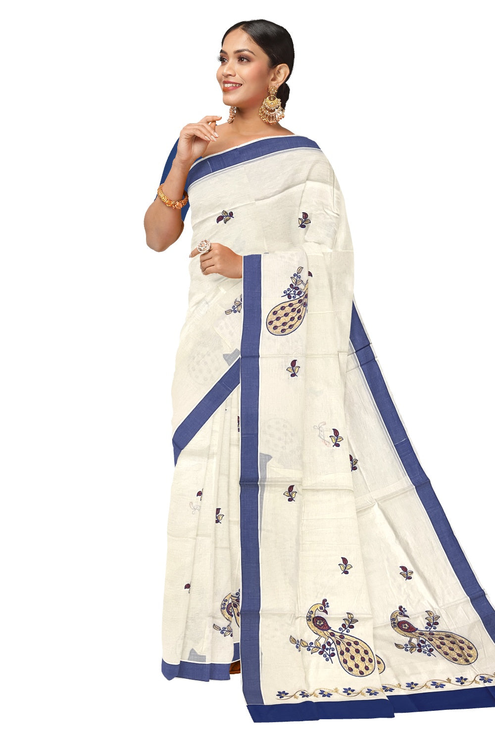 Pure Cotton Kerala Saree with Peacock Embroidery Work and Blue Border (Onam Saree 2023)