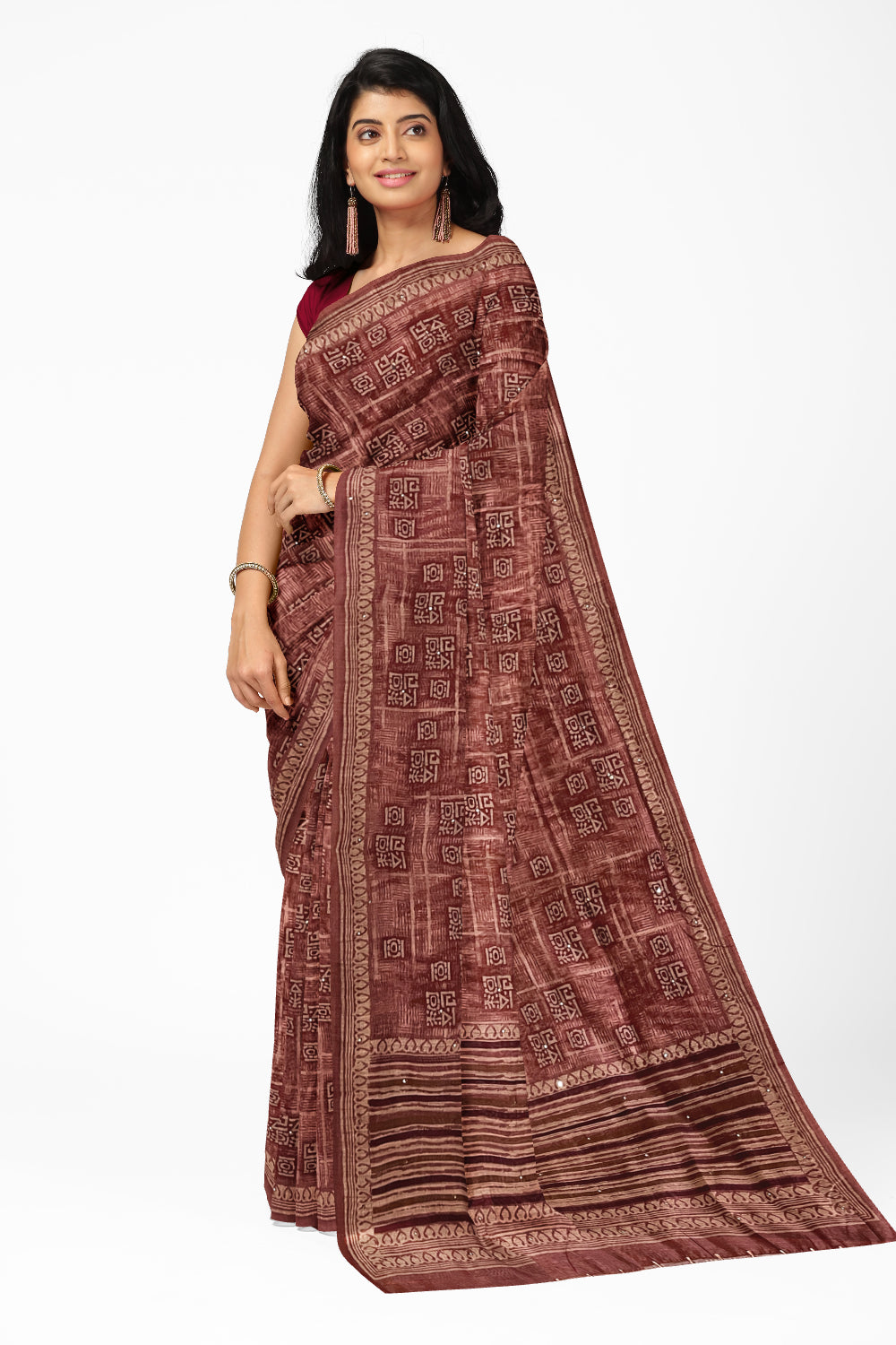 Southloom Art Silk Brown Saree with Designer Prints on Body