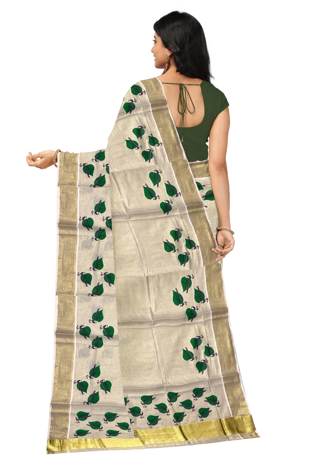 Kerala Tissue Kasavu Saree with Leaf Block Printed Designs