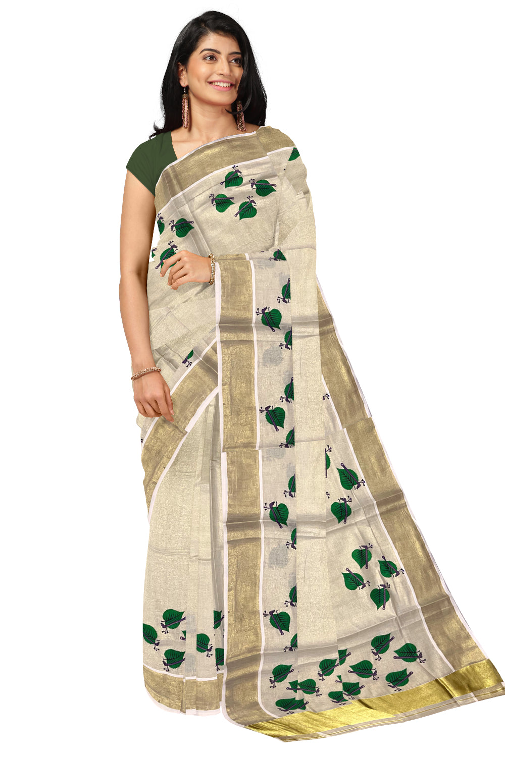 Kerala Tissue Kasavu Saree with Leaf Block Printed Designs