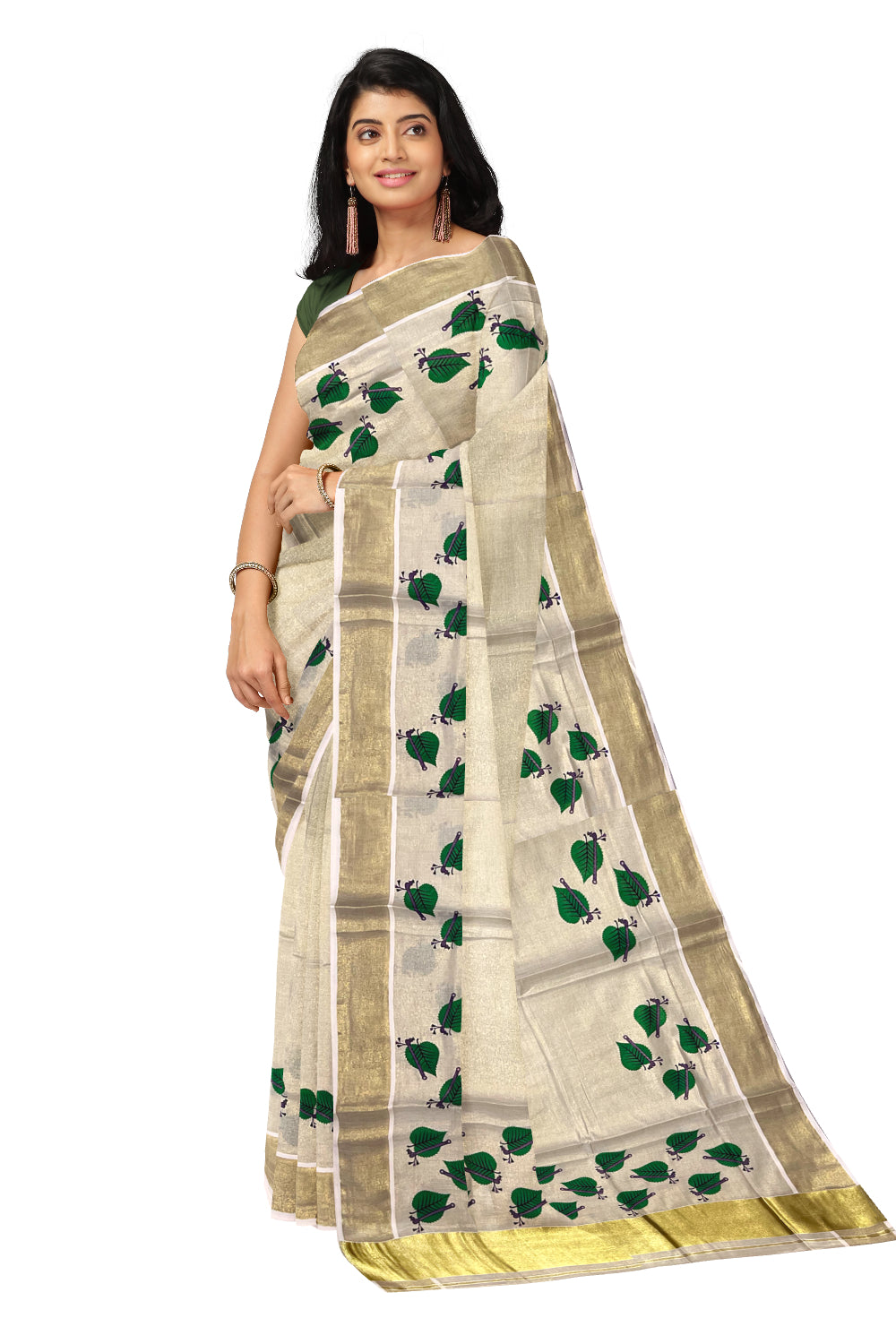 Kerala Tissue Kasavu Saree with Leaf Block Printed Designs