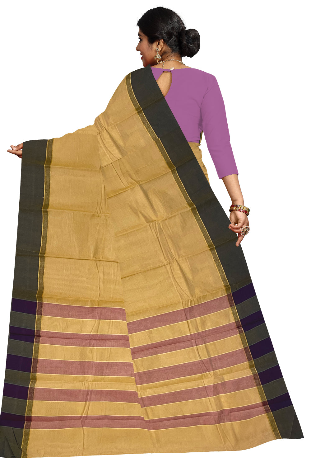 Southloom Cotton Light Brown Plain Saree with Dark Brown Border