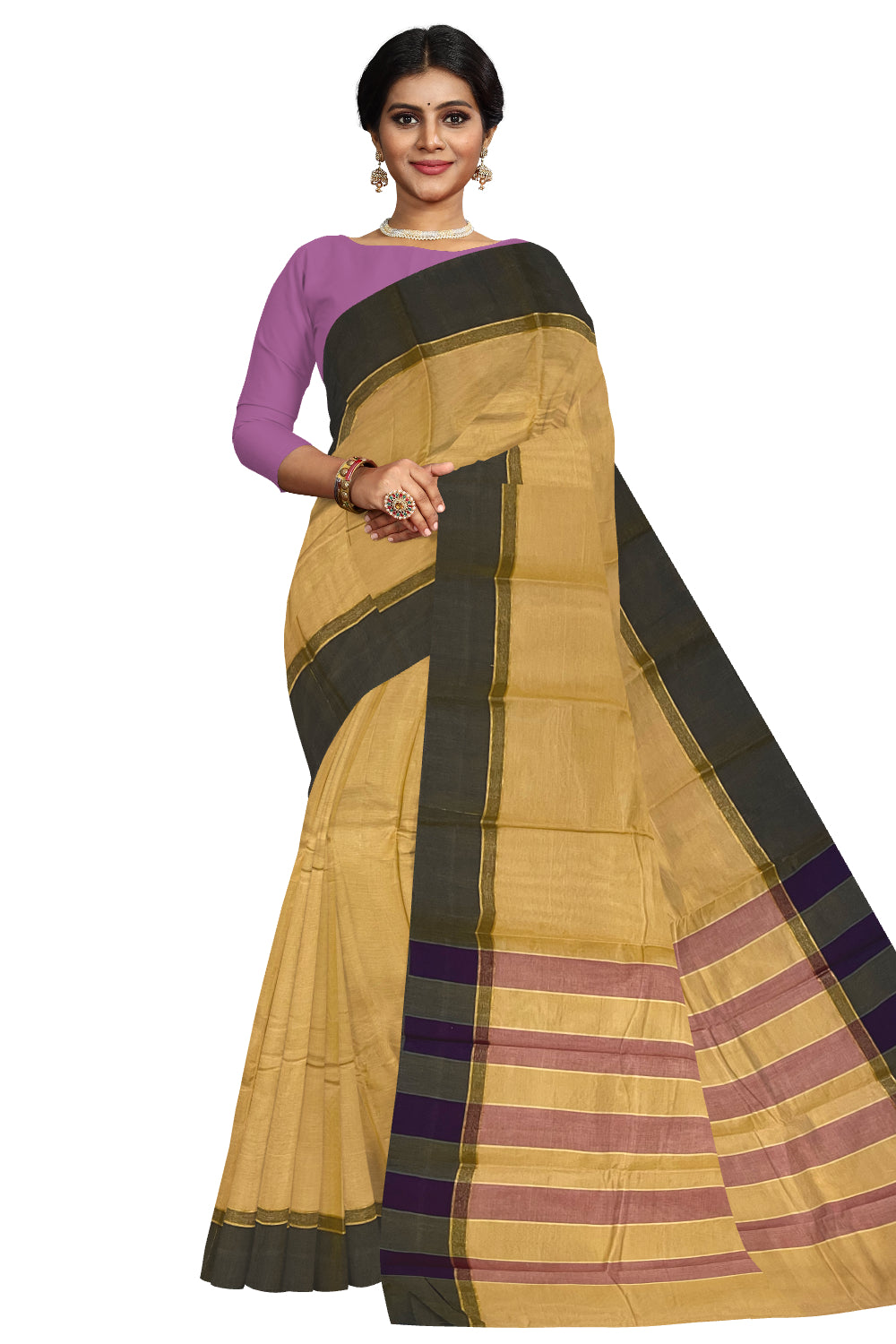 Southloom Cotton Light Brown Plain Saree with Dark Brown Border