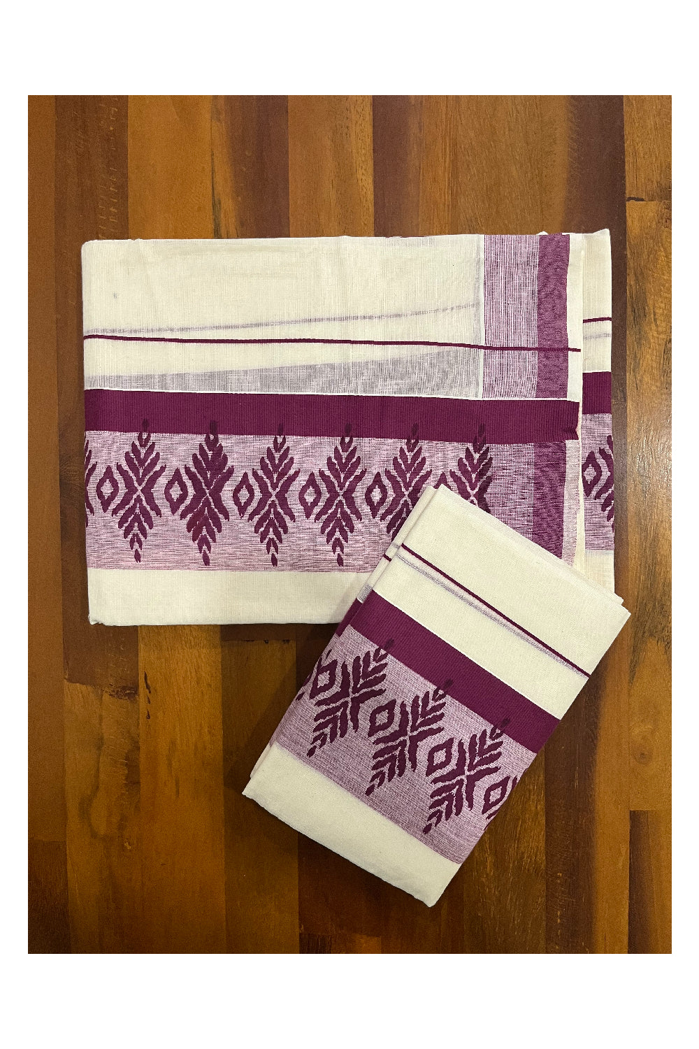 Cotton Kerala Single Set Mundu with Purple Block Printed Border