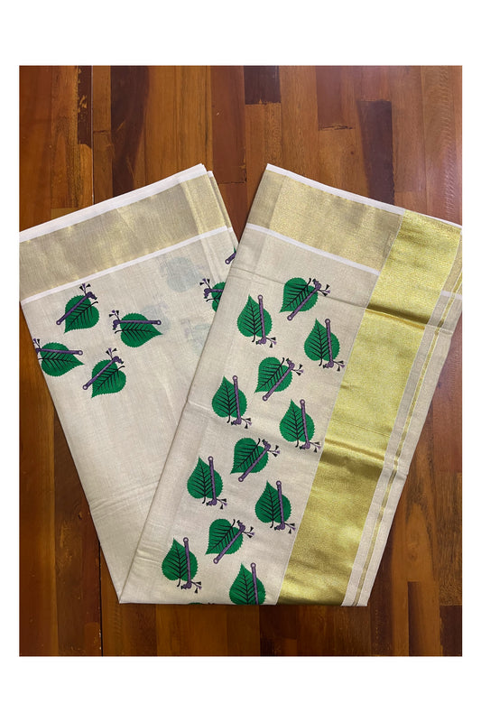 Kerala Tissue Kasavu Saree with Leaf Block Printed Designs