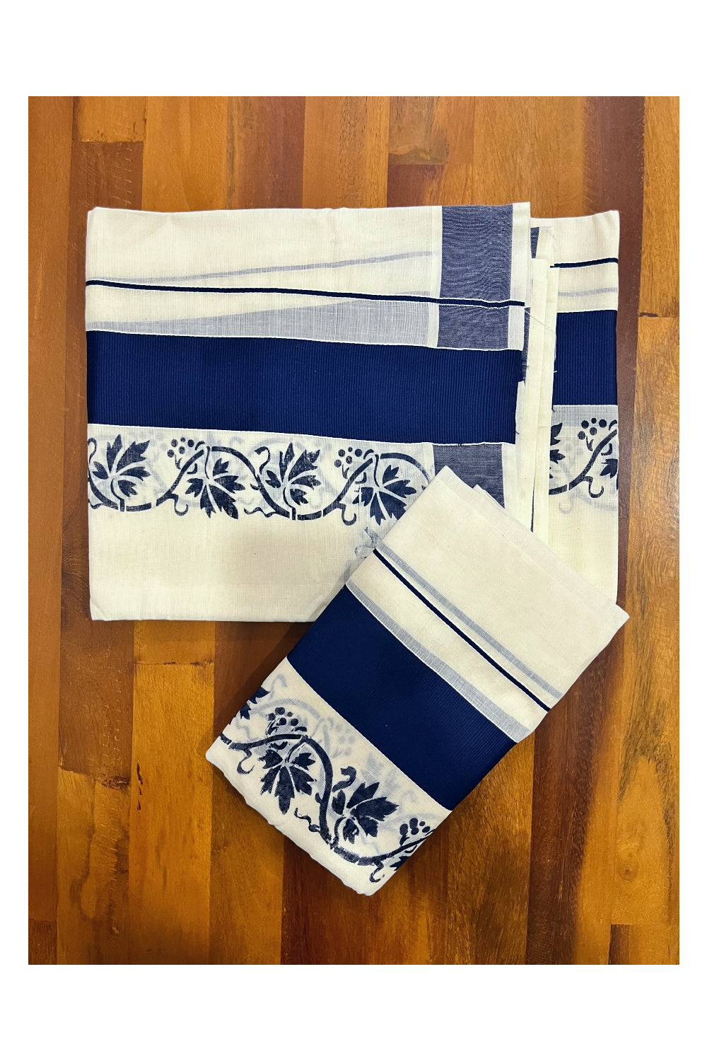 Kerala Pure Cotton Set Mundu Single (Mundum Neriyathum) with Dark Blue Floral Block Prints