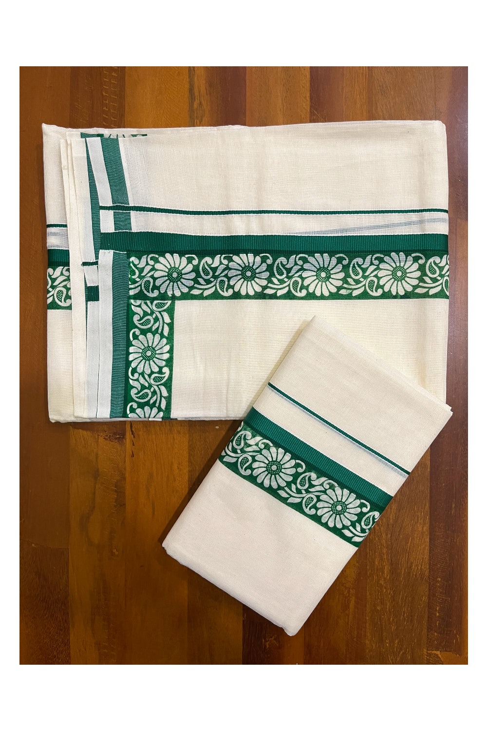 Kerala Cotton Kasavu Single Set Mundu (Mundum Neriyathum) with Green Kara and  Block prints (Onam 2024 Collection)