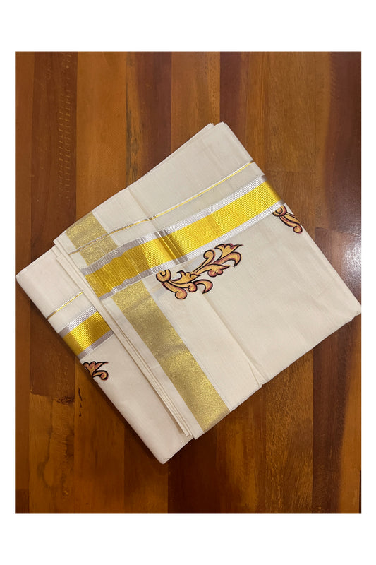 Off White Pure Cotton Double Mundu with Mural Hand Painted Design on Silver and Golden Kasavu Kara (South Indian Kerala Dhoti)