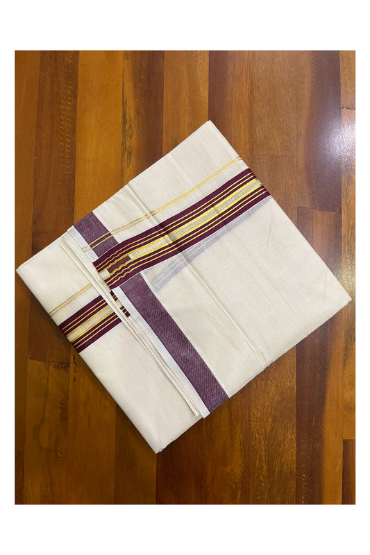 Kerala Pure Cotton Double Mundu with Purple and Kasavu Lines Border (South Indian Kerala Dhoti)