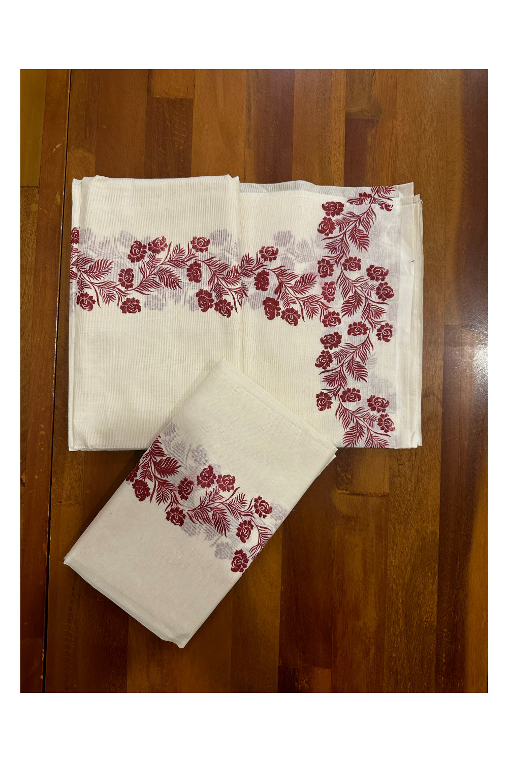 Kerala Cotton Set Mundu (Mundum Neriyathum) with Maroon Floral Block Printed Border (Onam Set Mundu 2023)