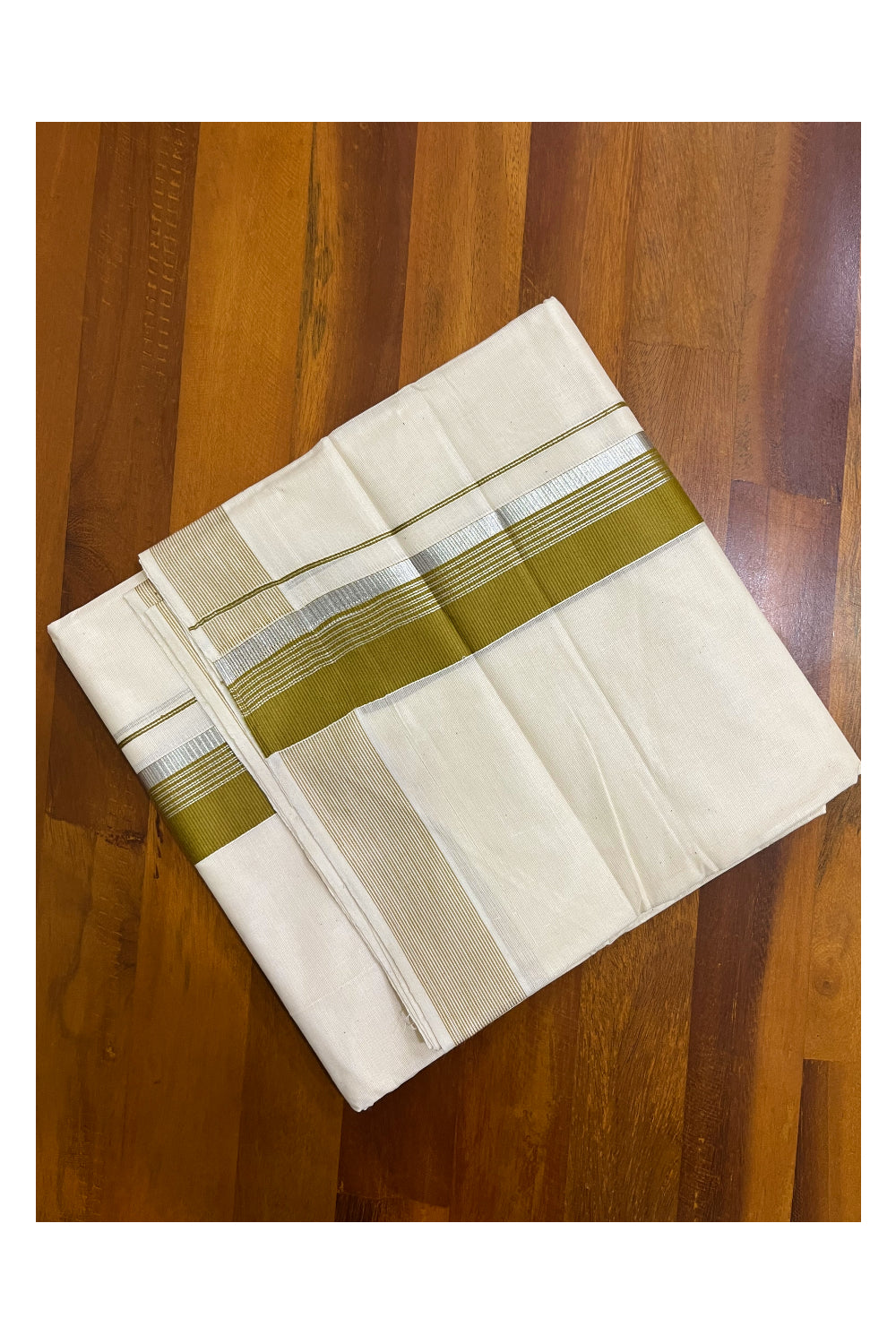 Off White Kerala Cotton Double Mundu with Silver Kasavu and Olive Green Border (South Indian Kerala Dhoti)