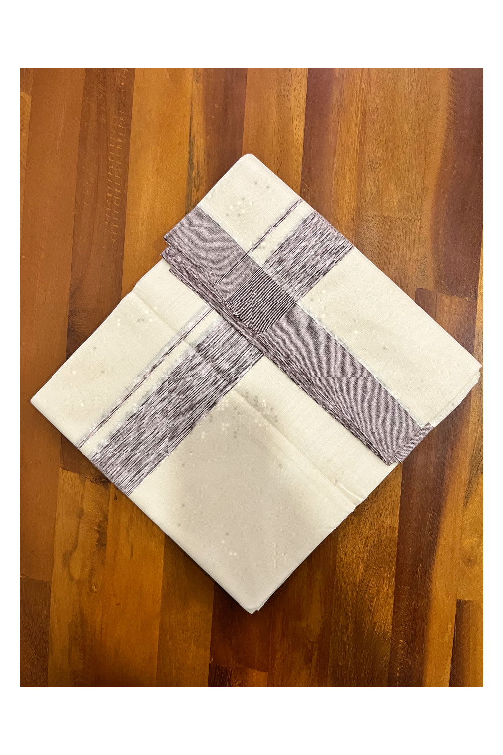 Pure Cotton 100x100 Double Mundu with Brown Line Border (South Indian Kerala Dhoti)