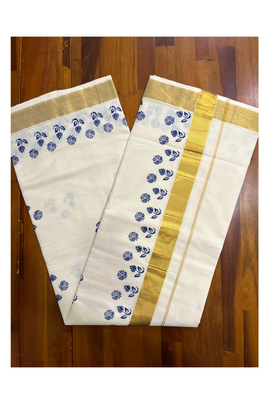 Pure Cotton Kerala Kasavu Saree with Blue Block Prints and Kasavu Border