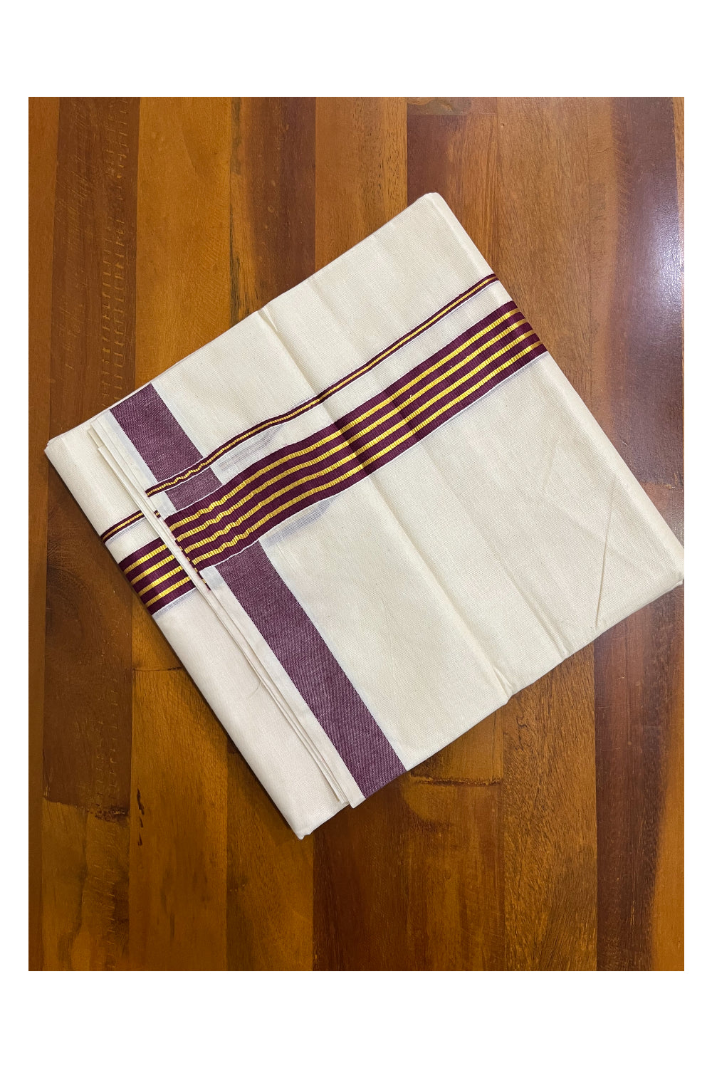 Kerala Pure Cotton Double Mundu with Purple and Kasavu Lines Border (South Indian Kerala Dhoti)