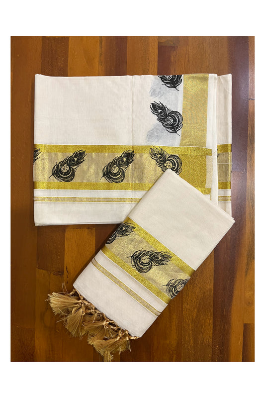 Kerala Cotton Single Set Mundu (Mundum Neriyathum) with Feather Block Prints on Kasavu Border 2.80 Mtrs