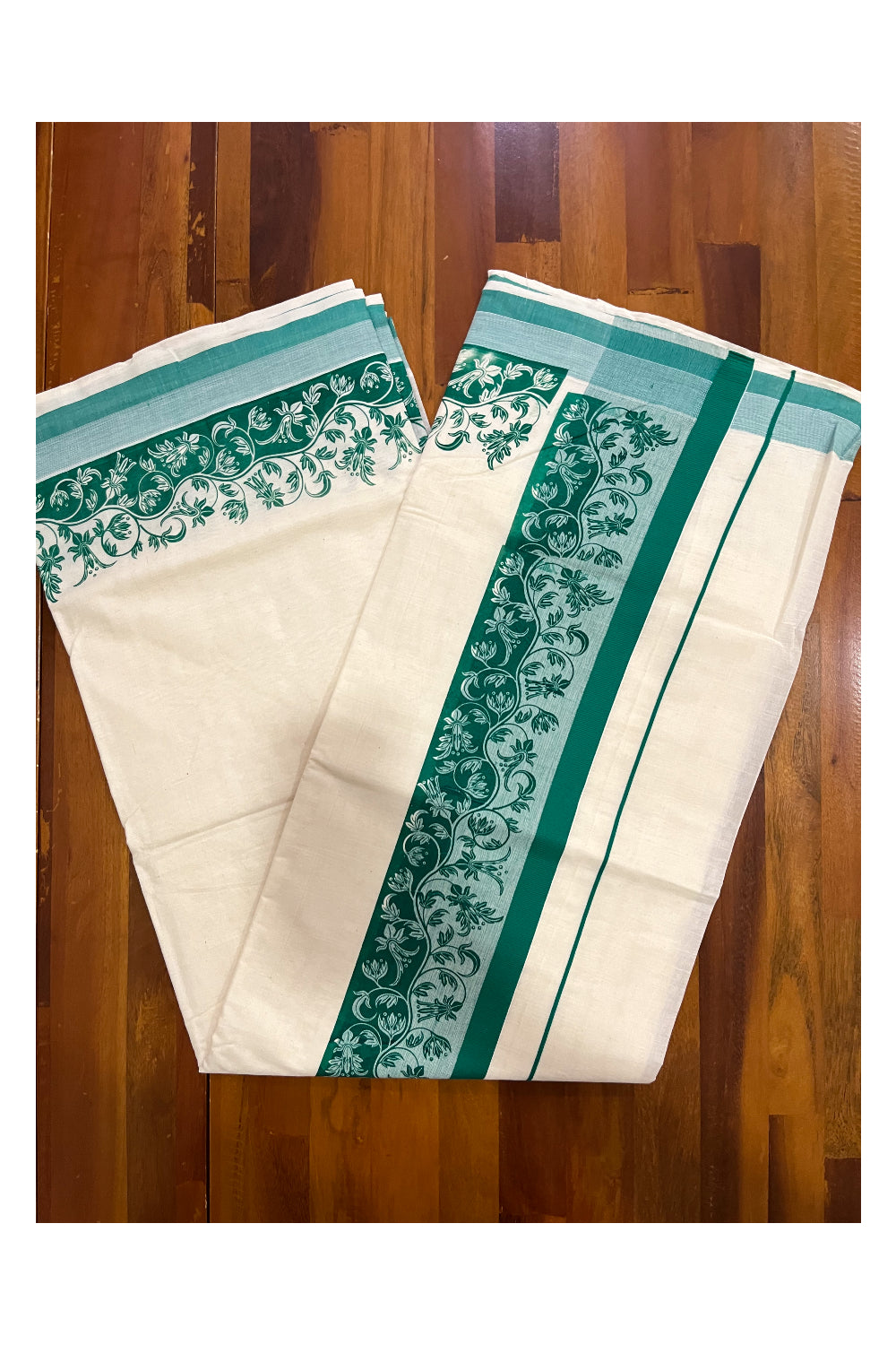 Kerala Cotton Saree with Green Floral Block Printed Border