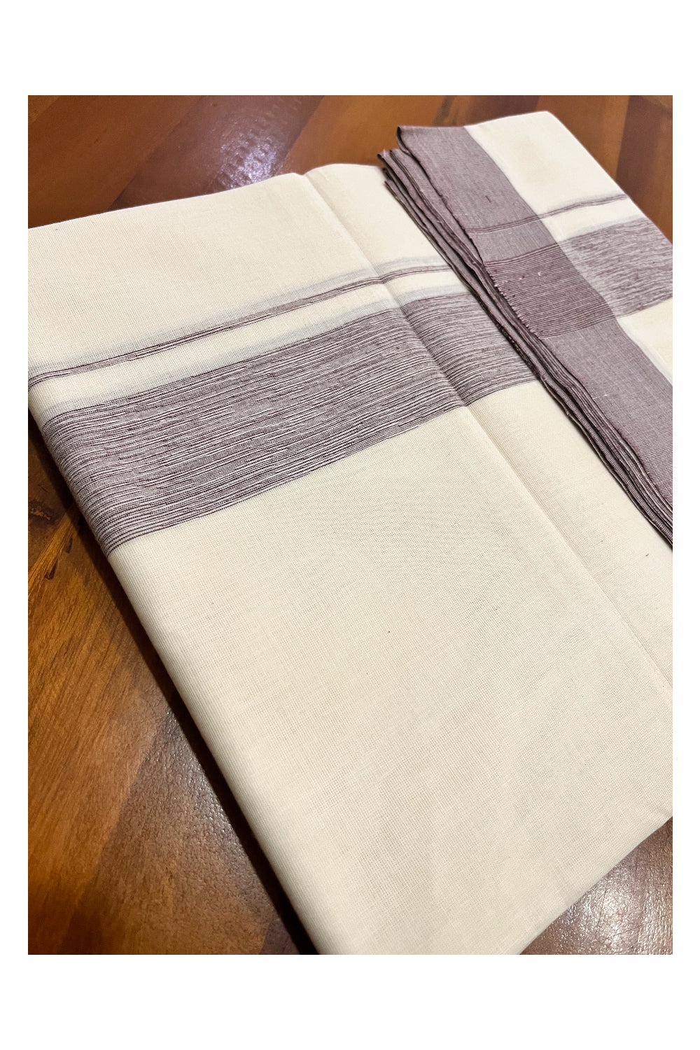 Pure Cotton 100x100 Double Mundu with Brown Line Border (South Indian Kerala Dhoti)