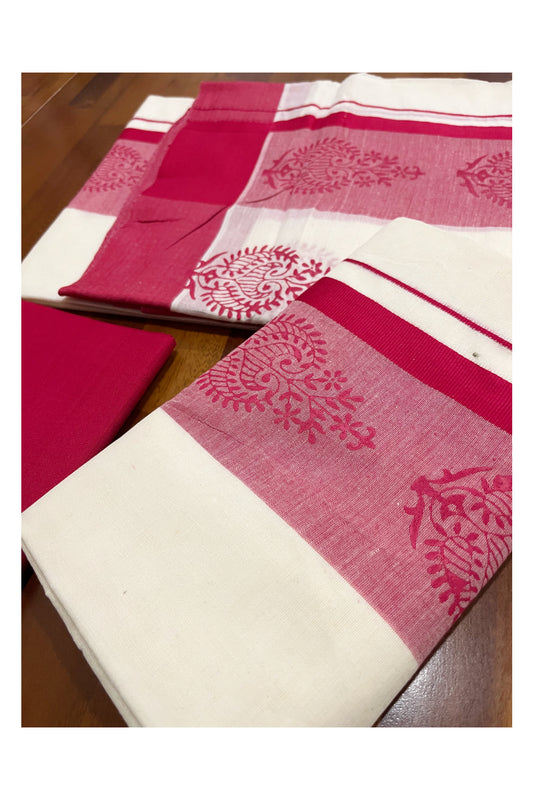 Pure Cotton Kerala Single Set Mundu (Mundum Neriyathum) with Block Printed Border and Red Blouse Piece