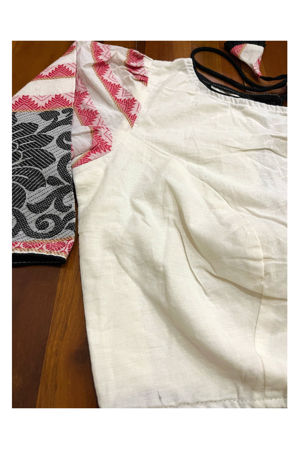 Southloom White Cotton Ready Made Blouse with Red Black Border