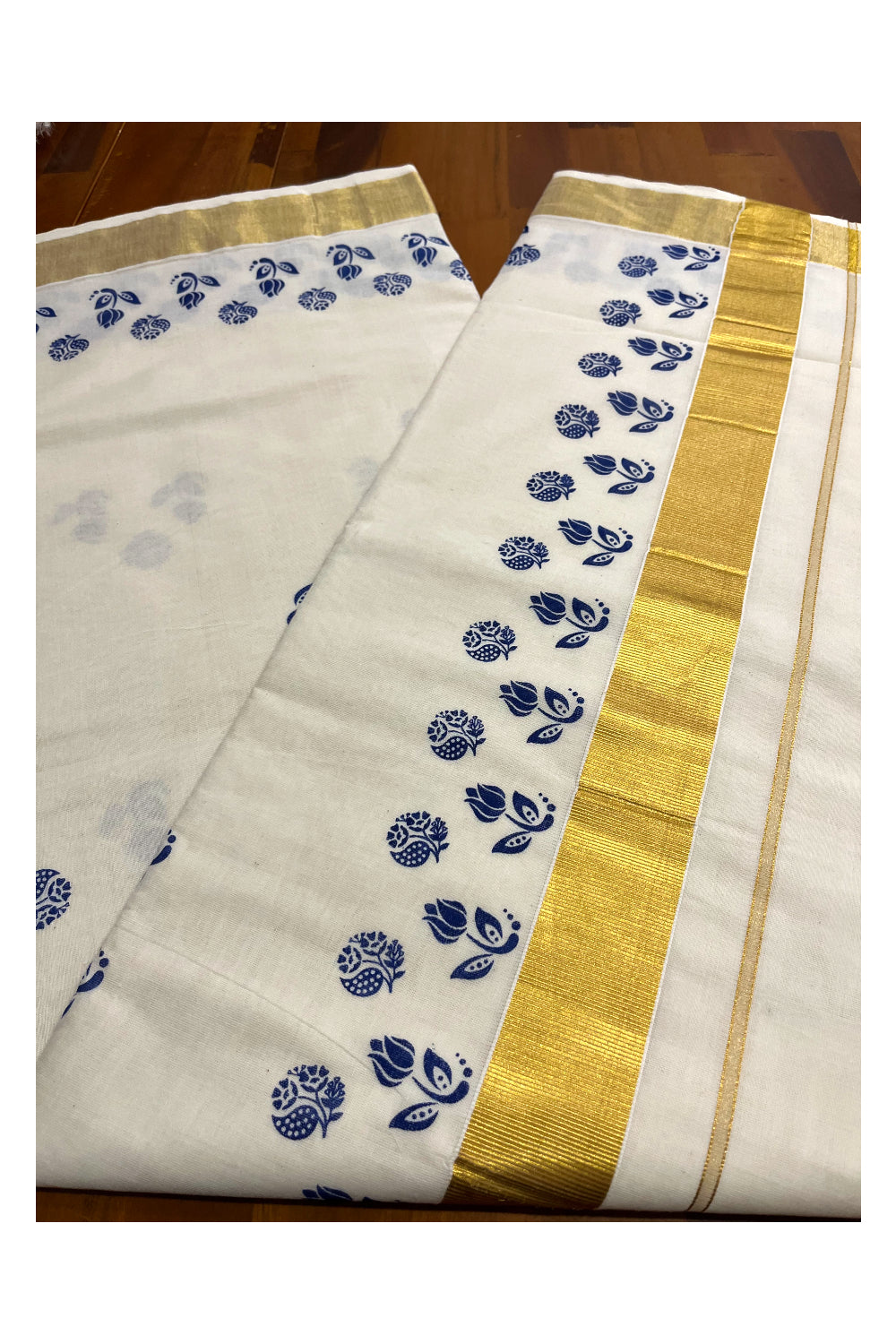 Pure Cotton Kerala Kasavu Saree with Blue Block Prints and Kasavu Border