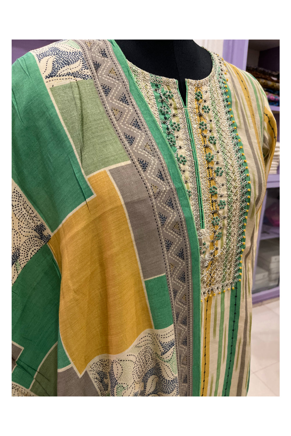 Southloom Stitched Semi Silk Salwar Set with Green Yellow Lines Design