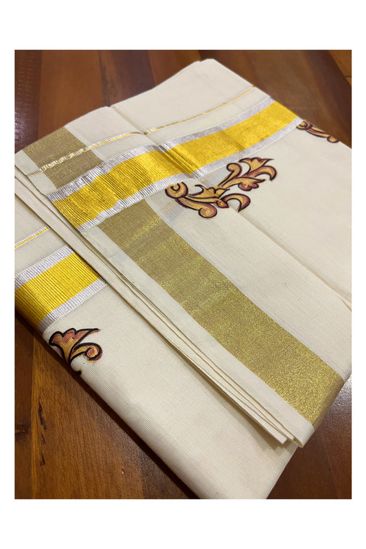 Off White Pure Cotton Double Mundu with Mural Hand Painted Design on Silver and Golden Kasavu Kara (South Indian Kerala Dhoti)