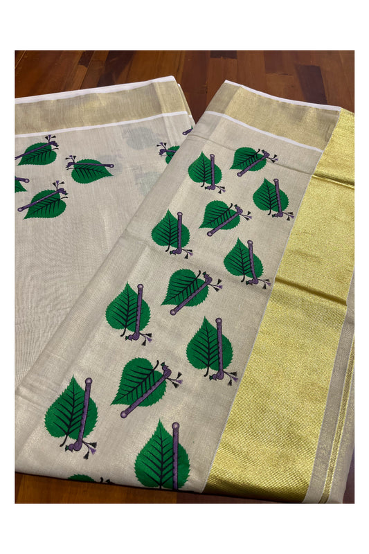 Kerala Tissue Kasavu Saree with Leaf Block Printed Designs