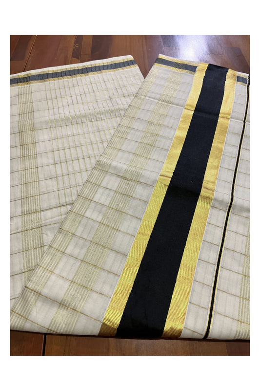 Kerala Pure Cotton Kasavu Check Designs Saree with Black Border