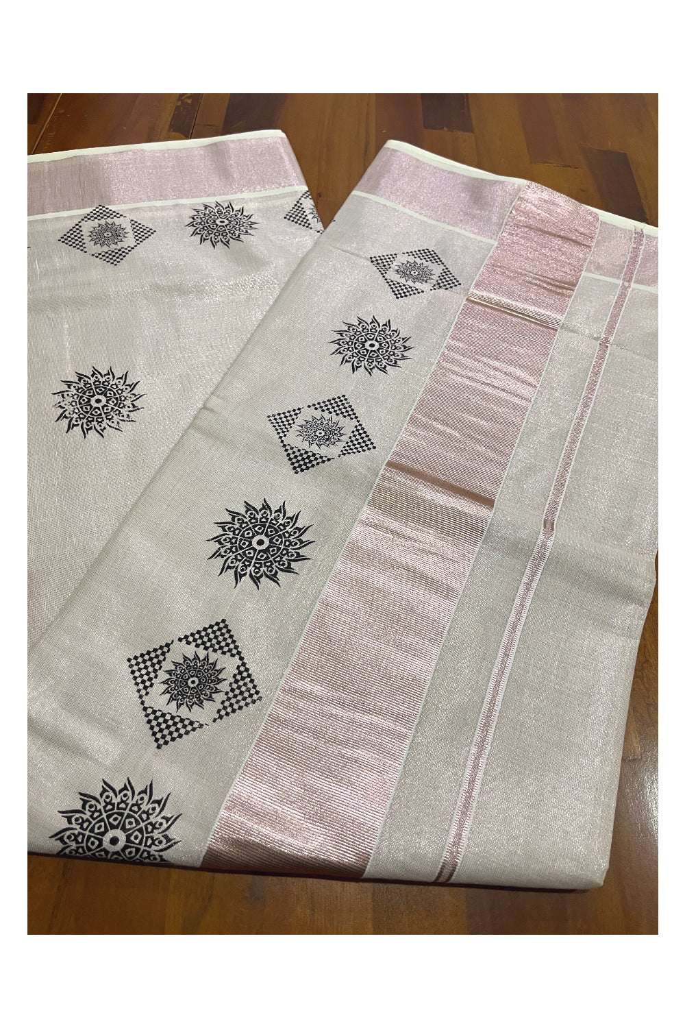 Kerala Rose Copper Tissue Kasavu Saree with Black Block Printed Design