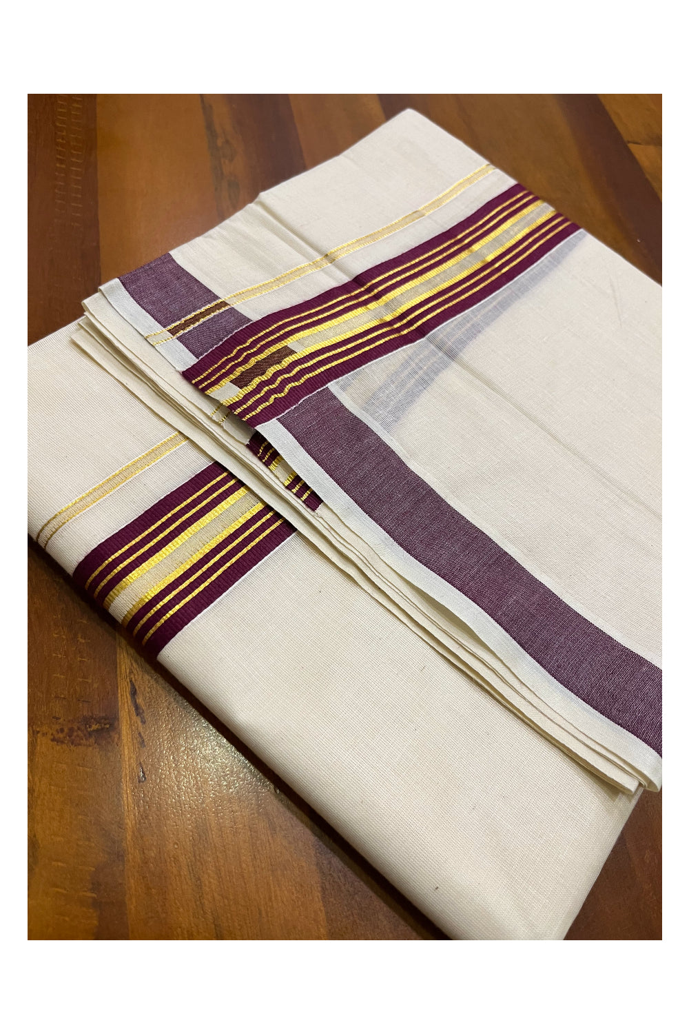 Kerala Pure Cotton Double Mundu with Purple and Kasavu Lines Border (South Indian Kerala Dhoti)