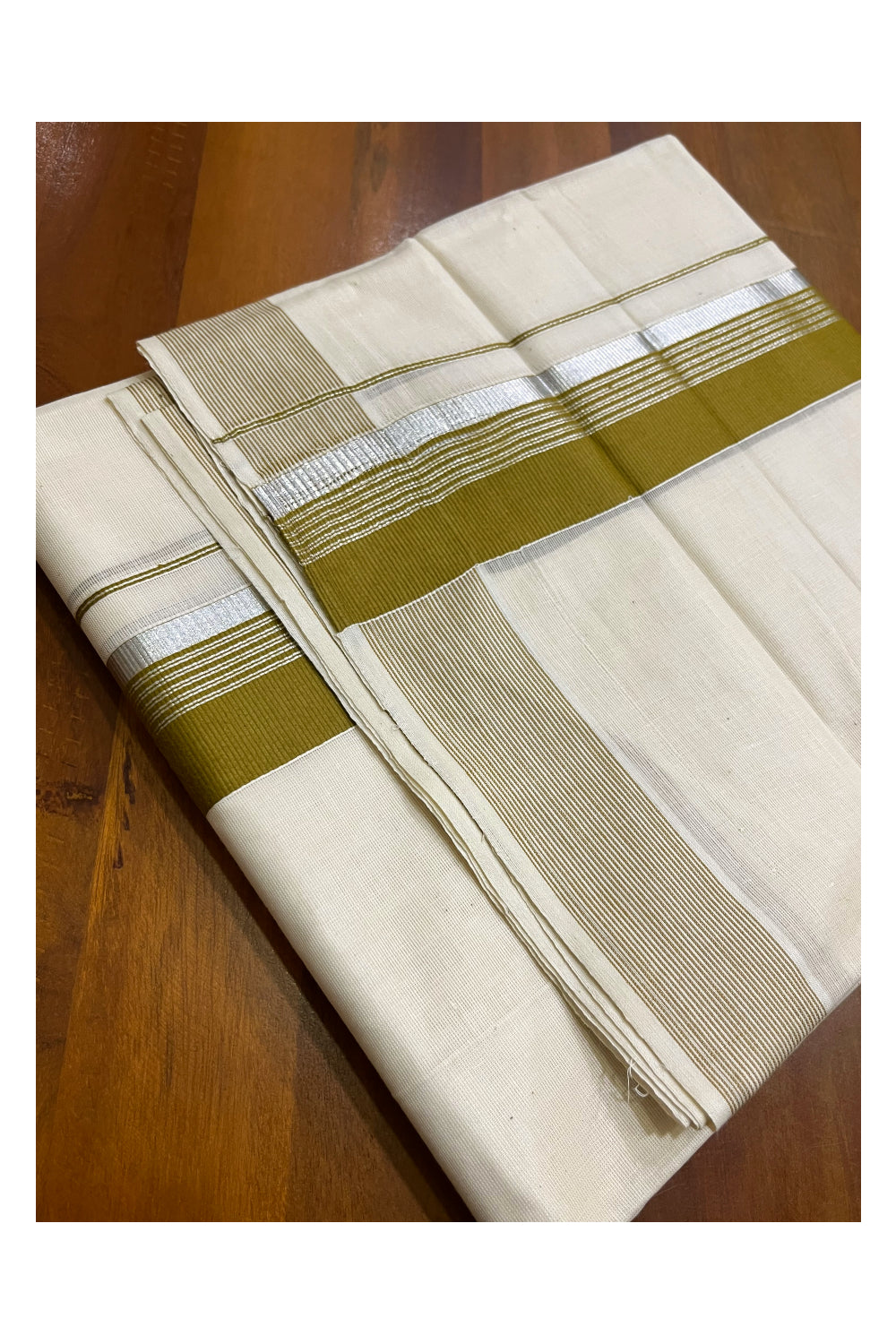 Off White Kerala Cotton Double Mundu with Silver Kasavu and Olive Green Border (South Indian Kerala Dhoti)