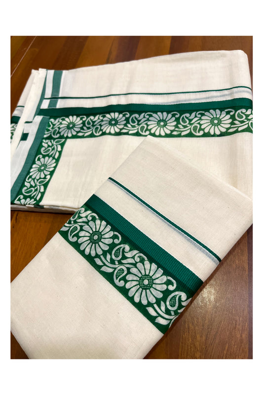 Kerala Cotton Kasavu Single Set Mundu (Mundum Neriyathum) with Green Kara and  Block prints (Onam 2024 Collection)