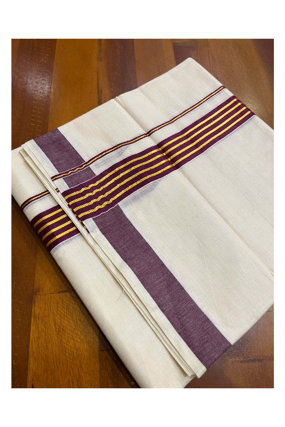 Kerala Pure Cotton Double Mundu with Purple and Kasavu Lines Border (South Indian Kerala Dhoti)