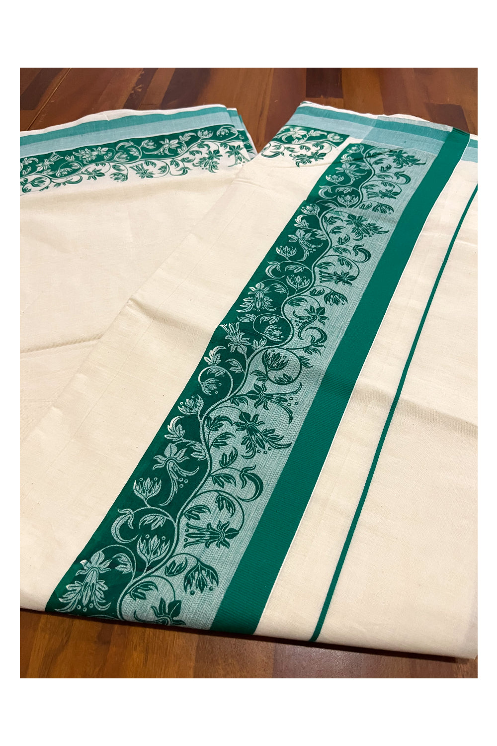 Kerala Cotton Saree with Green Floral Block Printed Border