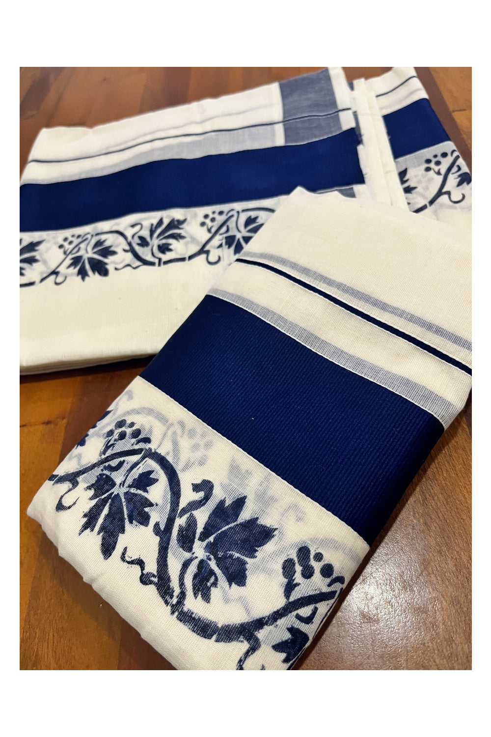 Kerala Pure Cotton Set Mundu Single (Mundum Neriyathum) with Dark Blue Floral Block Prints