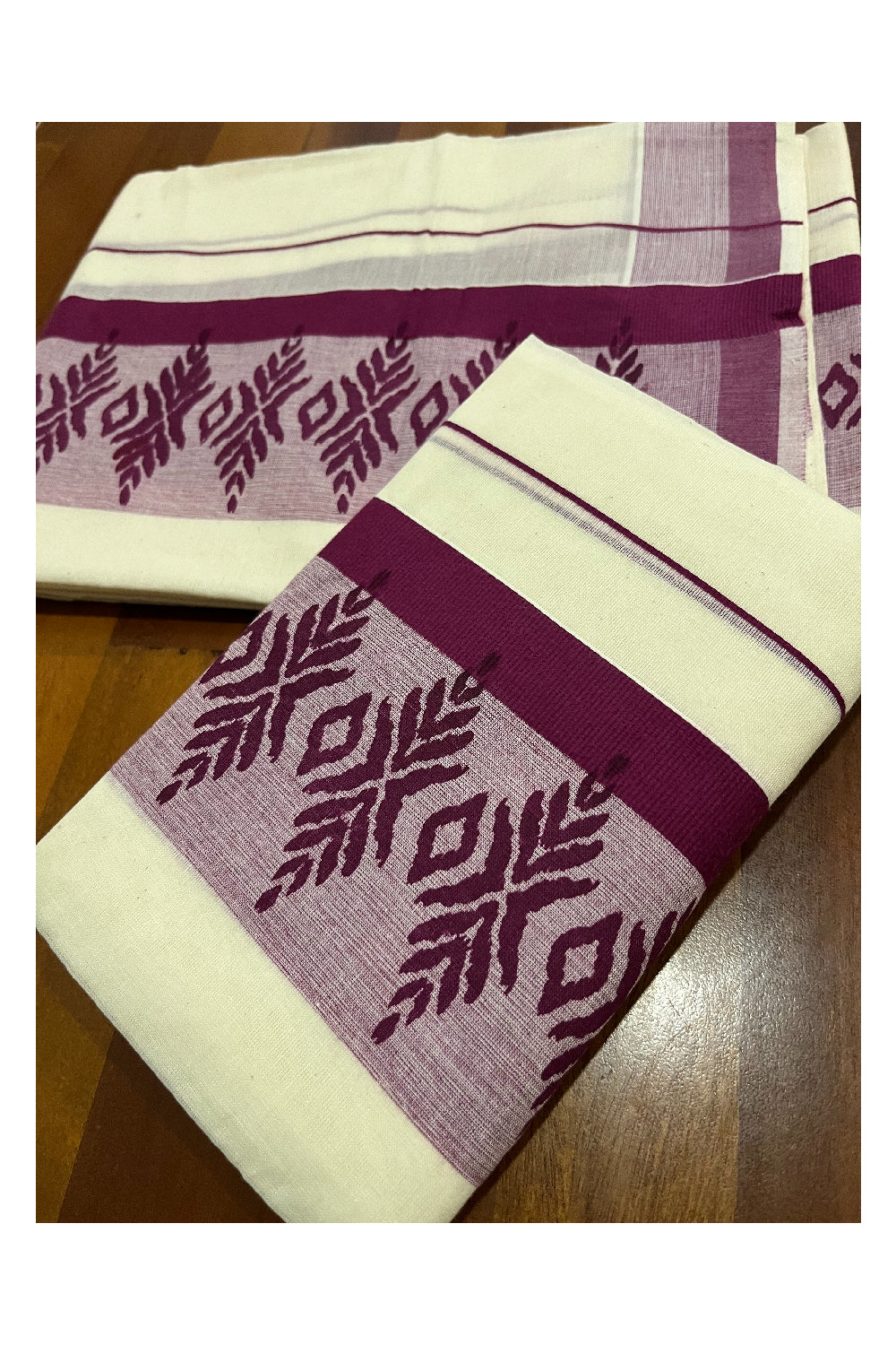 Cotton Kerala Single Set Mundu with Purple Block Printed Border