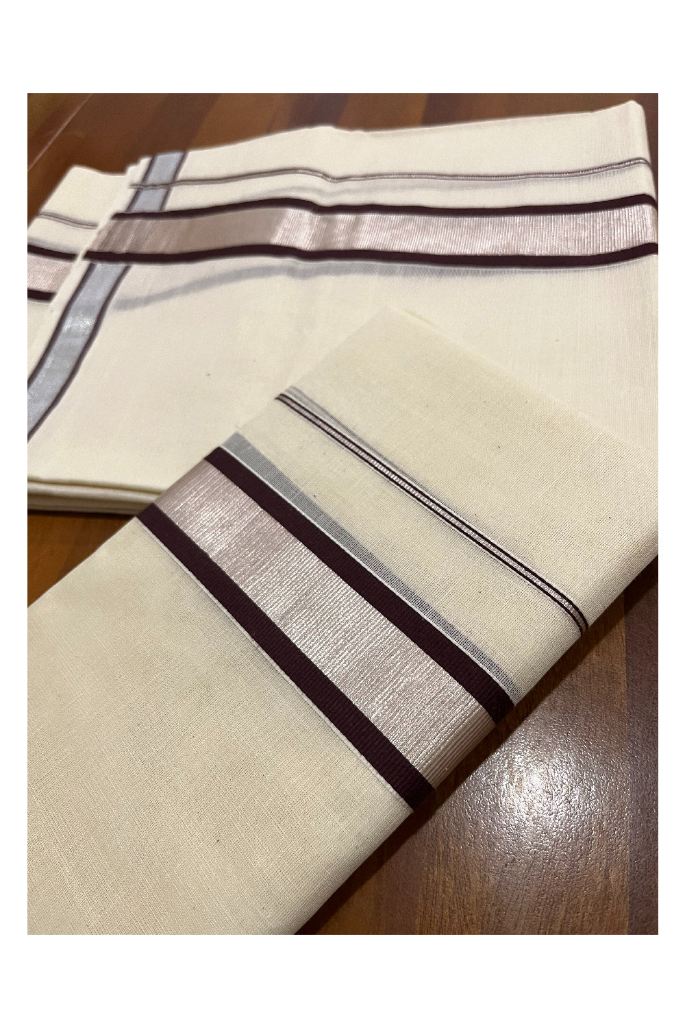 Kerala Cotton Mundum Neriyathum Single (Set Mundu) with Silver Kasavu and Brown Border 2.80 Mtrs