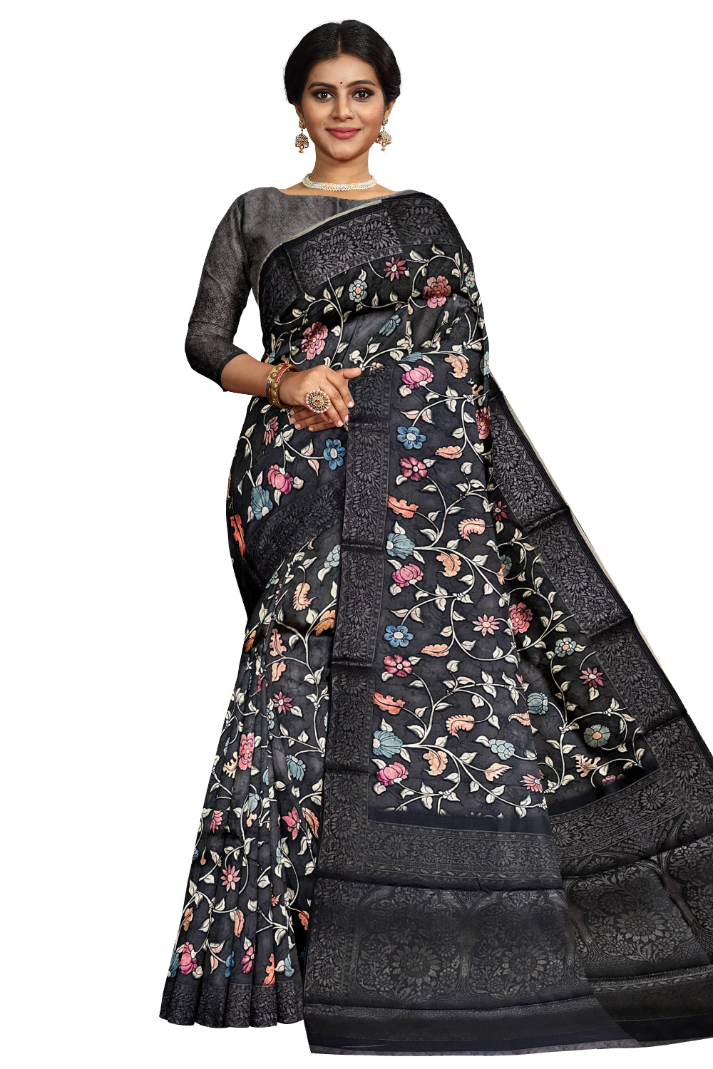 Southloom Semi Tussar Black Floral Designer Saree