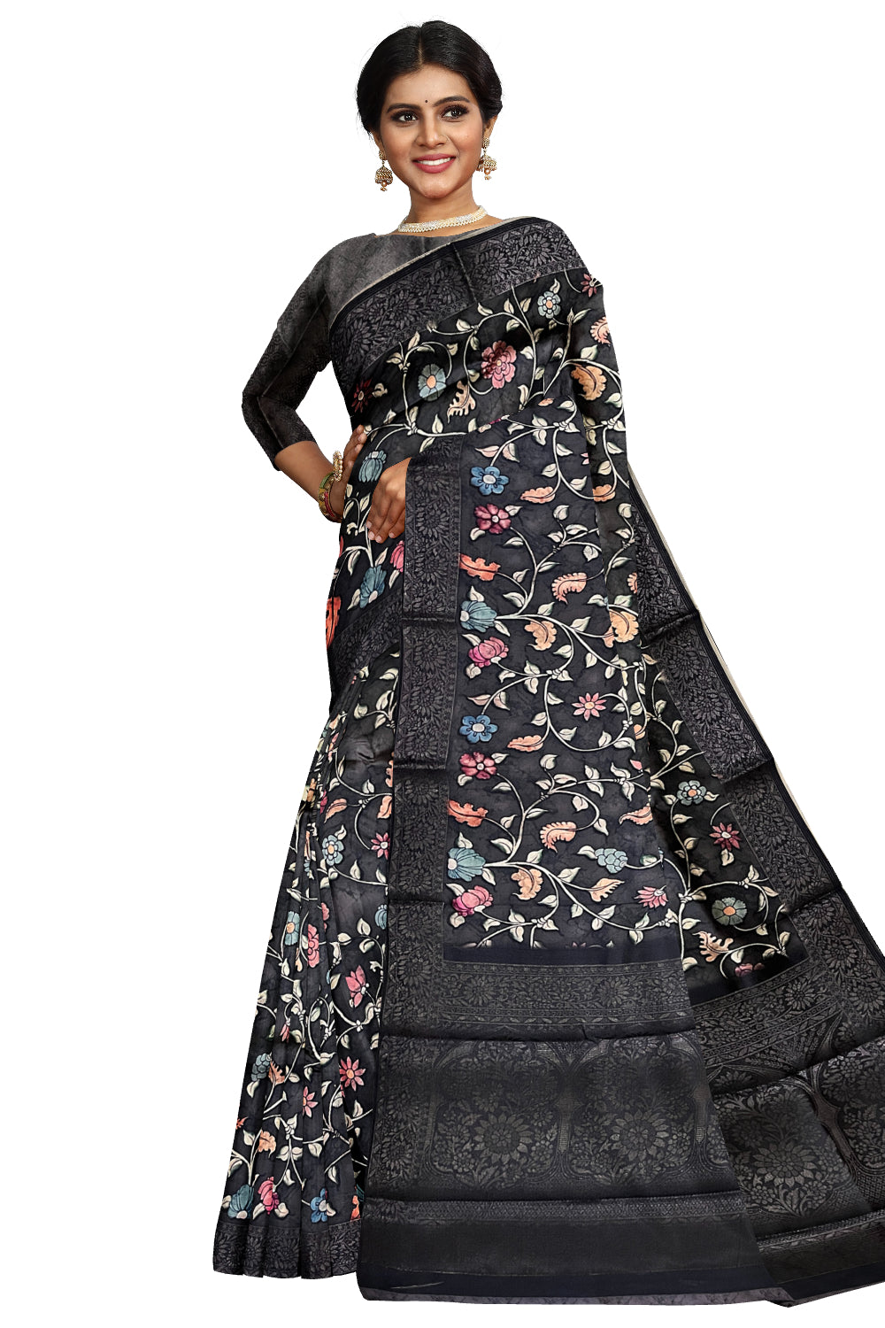 Southloom Semi Tussar Black Floral Designer Saree
