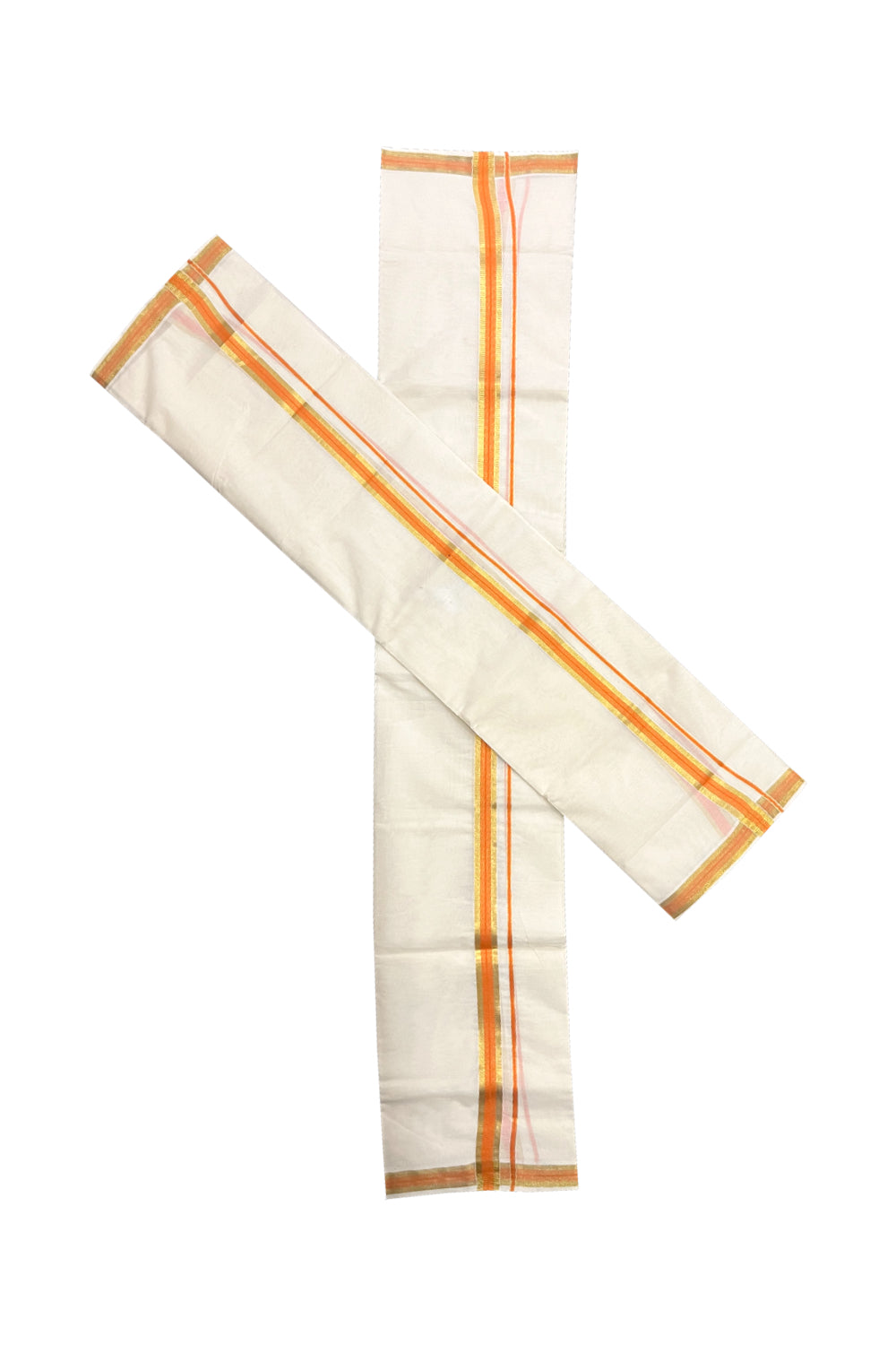 Pure Cotton Kerala Single Set Mundu (Mundum Neriyathum) with Orange and Kasavu Border 2.80 Mtrs