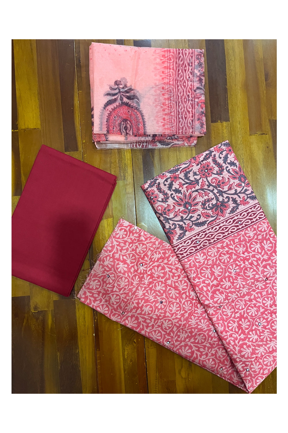 Southloom™ Cotton Churidar Salwar Suit Material in Red with Floral Prints