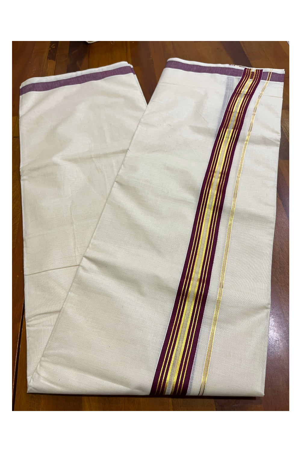 Kerala Pure Cotton Double Mundu with Purple and Kasavu Lines Border (South Indian Kerala Dhoti)