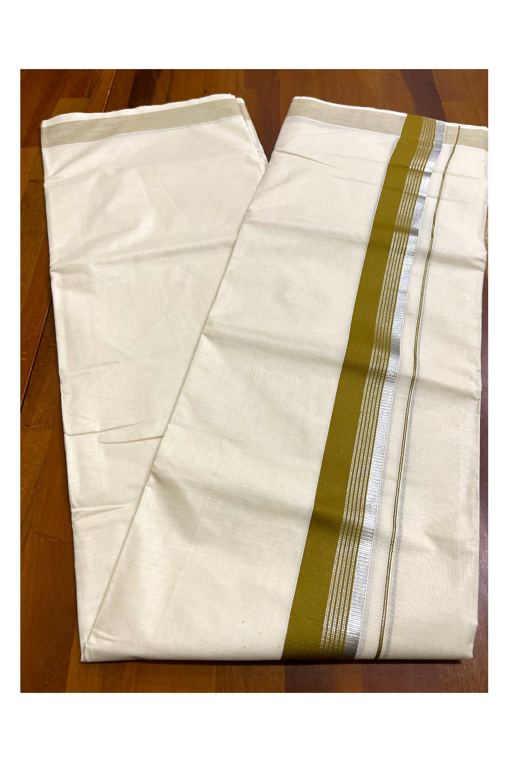 Off White Kerala Cotton Double Mundu with Silver Kasavu and Olive Green Border (South Indian Kerala Dhoti)