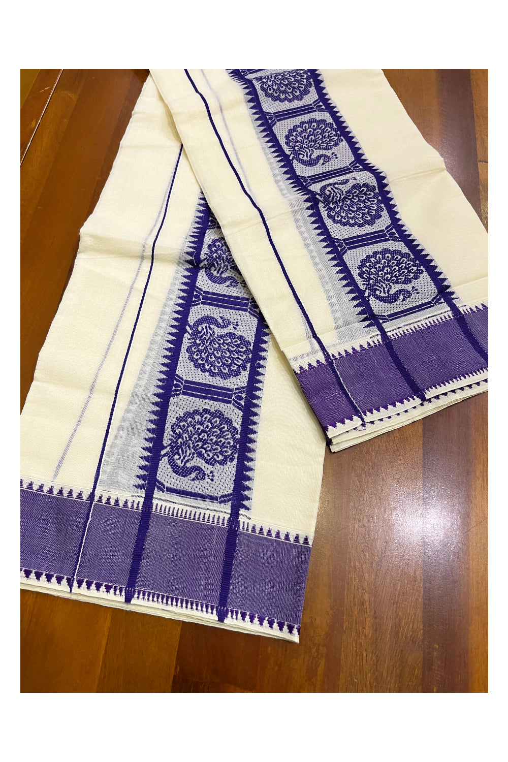 Kerala Cotton Single Set Mundu (Mundum Neriyathum) with Violet Woven Designs on Border - 2.80Mtrs